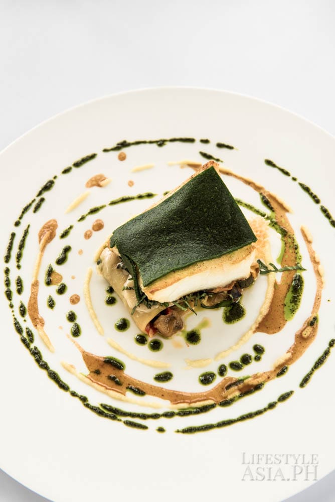 Pan-seared herb-crusted seabass