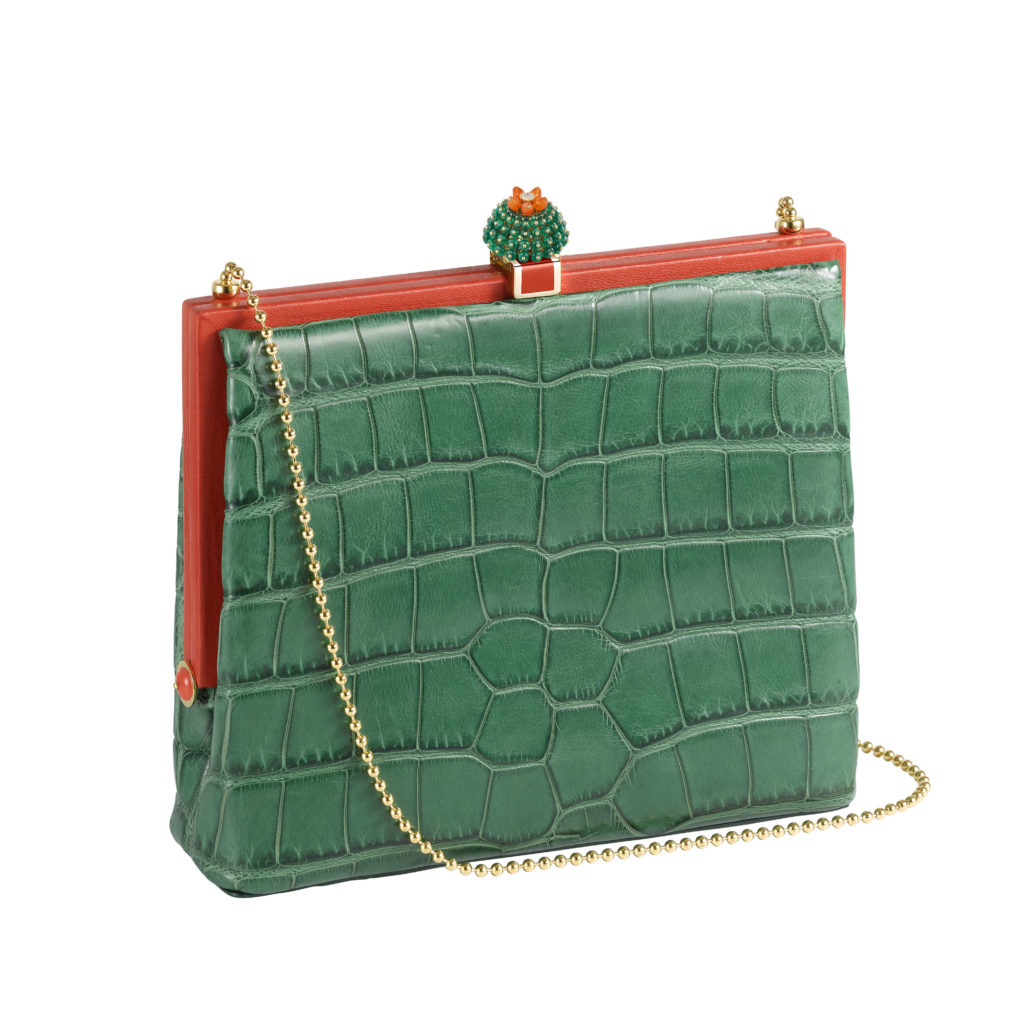 Cactus de Cartier bag - Green crocodile skin, brooch clasp in emeralds, carnelians, diamonds and 18-carat yellow gold