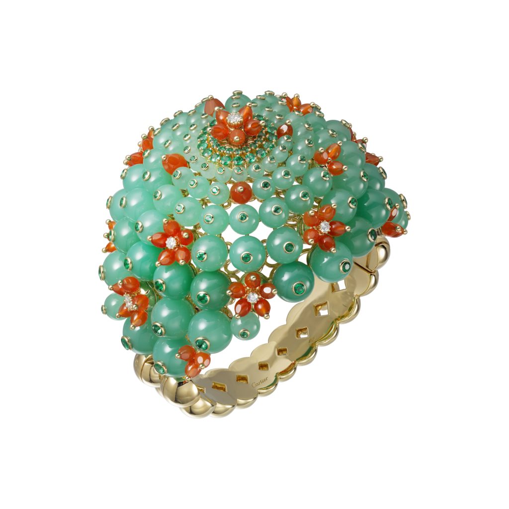 Cactus de Cartier bracelet, 18-carat yellow gold, chrysoprases, emeralds, carnelians, set with 8 brilliant-cut diamonds