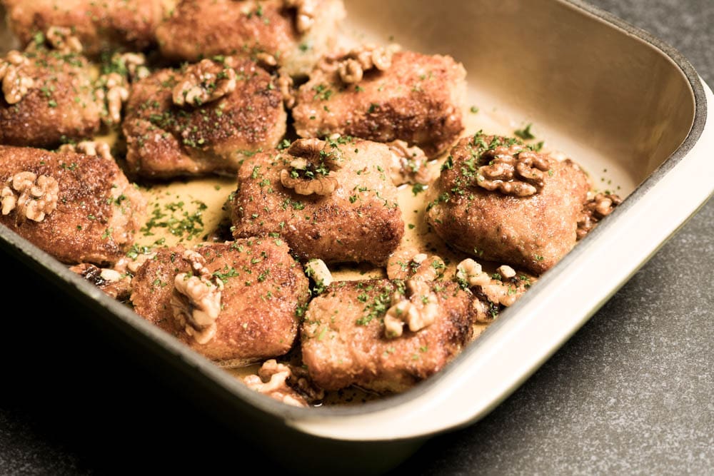 Breaded Baked Chicken Thighs with Spinach Walnuts and Roquefort Cheese