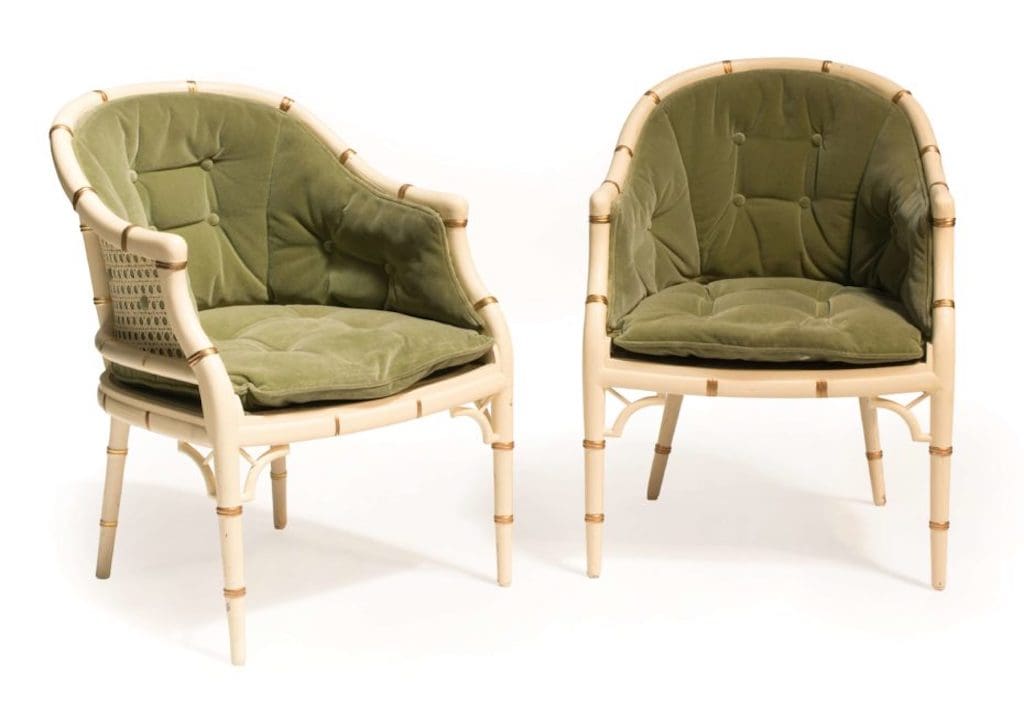 Olive green upholstered faux-bamboo gondola-shape bergère armchairs