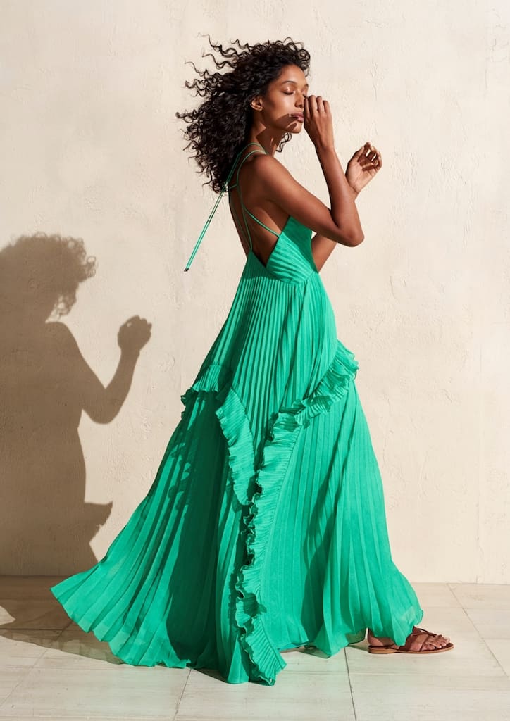Halston Heritage Spring 2018 Jade Sleeveless Halter V Neck Pleated Gown in Burnout Georgette