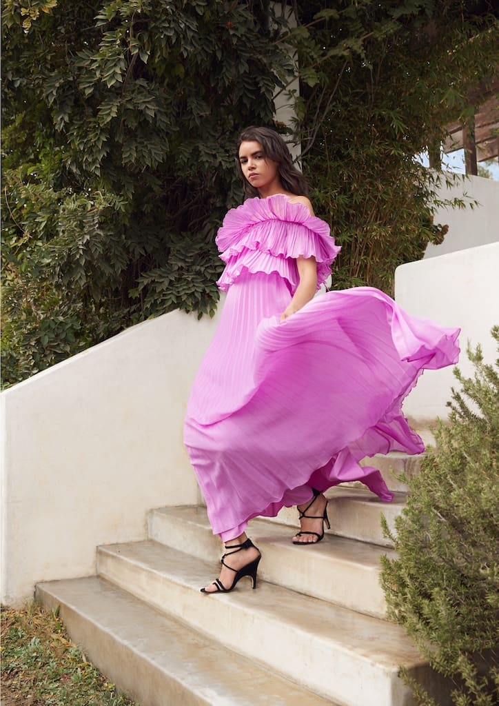 Halston Heritage Spring 2018 Sleeveless Pleated Gown with Flounce