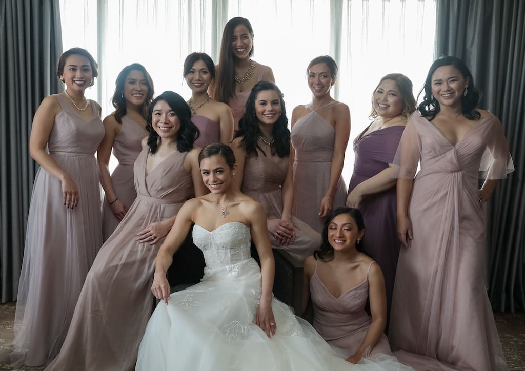 Bride with bridesmaids, maids of honor, and secondary sponsors at the bridal suite pre wedding: (L-R) Atty. Nastasha Ortiz Luis; Beatriz Paterno, Esq.; Kristine Pasia; Atty. Jessica Garcia; bride Atty. Claudia Squillantini; Samantha Monzon; Chiara Squillantini; Lorraine Reynolds; Maxine Shaw; Atty. Catherine Rae Espinosa; Atty. Paula Plaza