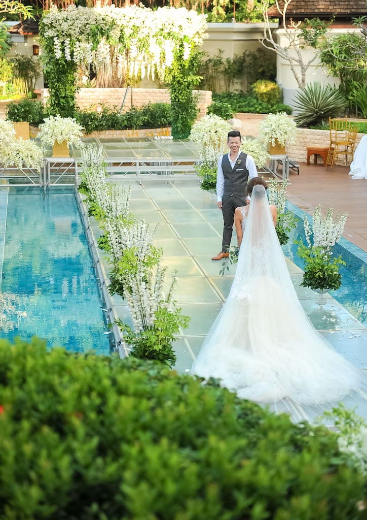 The couple were the first pair to be married at the Chi Spa pool