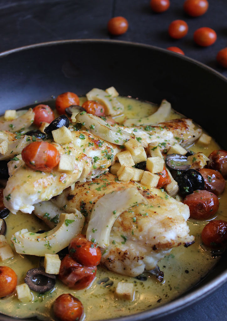 Cucina Signature Dish - Pan-fried Fillet of Red Snapper with Artichoke Bottoms, Black Olives, Potatoes, and Citrus Butter Sauce