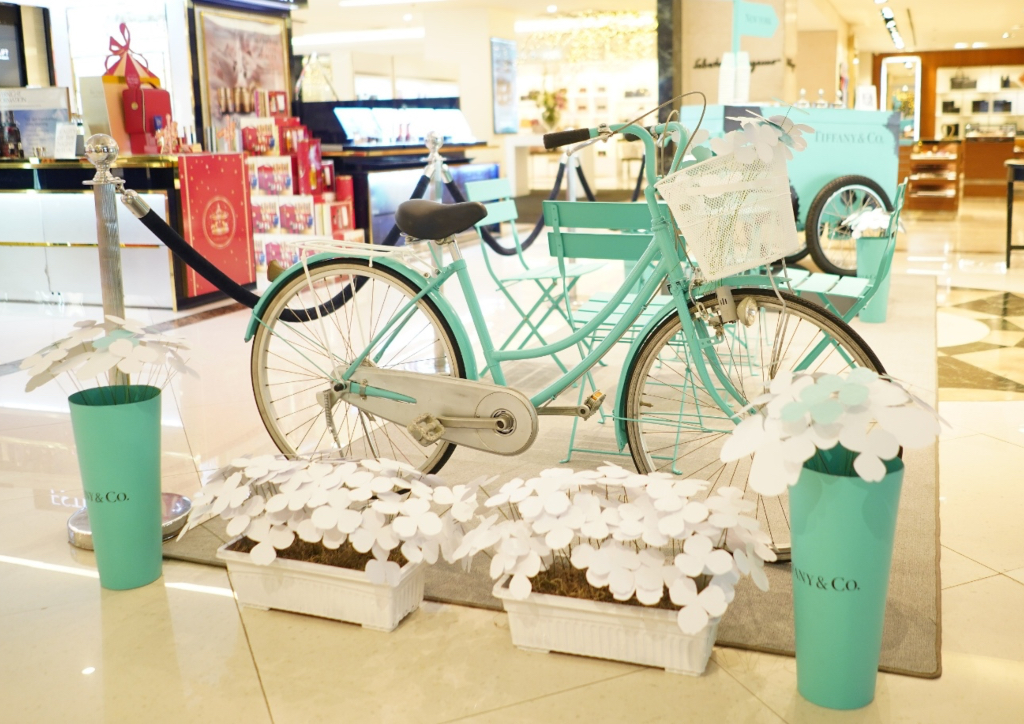 A Tiffany-themed seating area located inside the department store