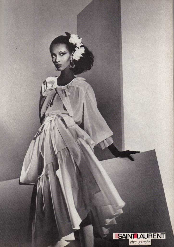 A vintage Saint Laurent advertisment featuring Iman