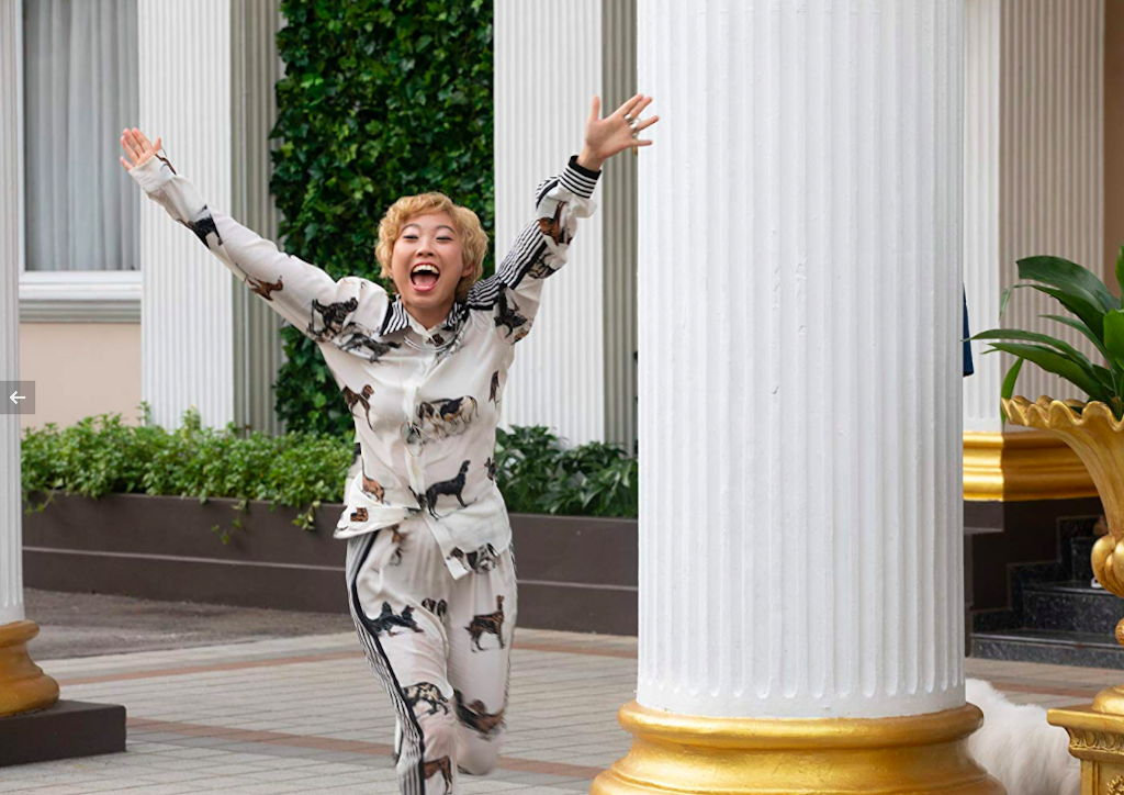 Akwafina as Goh Peik Lin a silk pajama set by Stella McCartney in Crazy Rich Asians (2018)