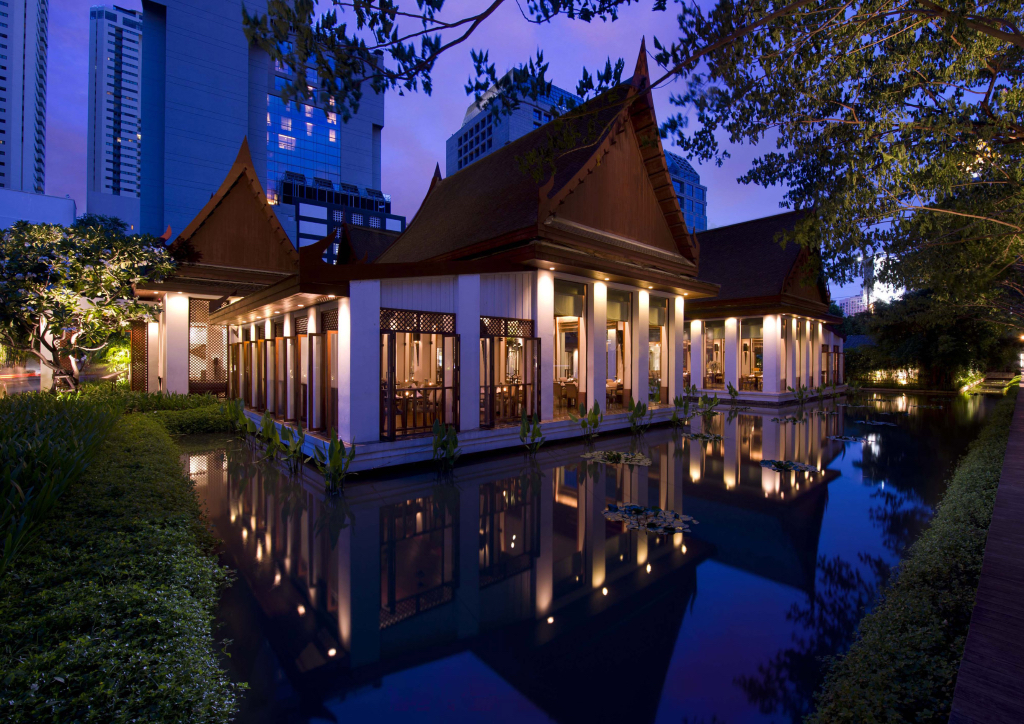 The exteriors of the Celadon Restaurant at nightfall