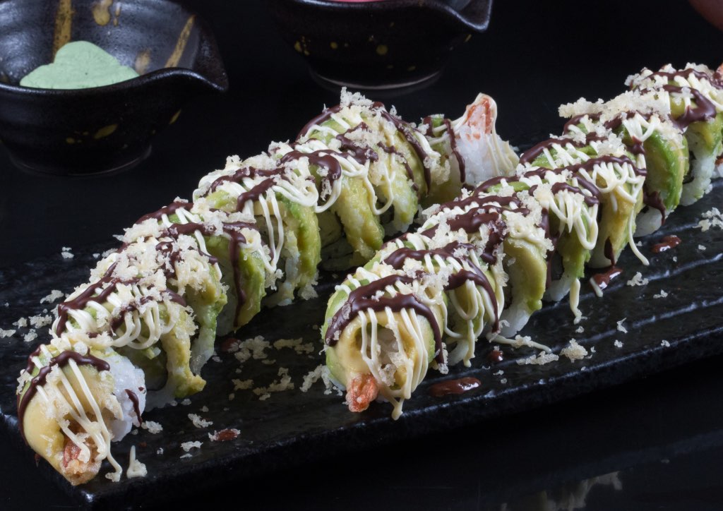 Dragon roll with Avocado and chocolate mayo sauce