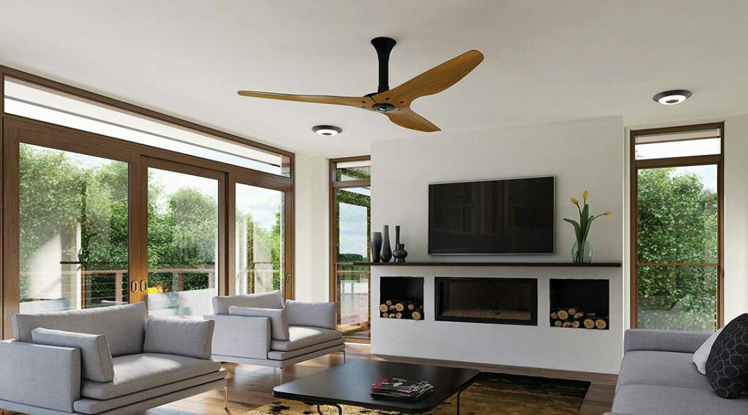 Wooden ceiling fan installed in a living room