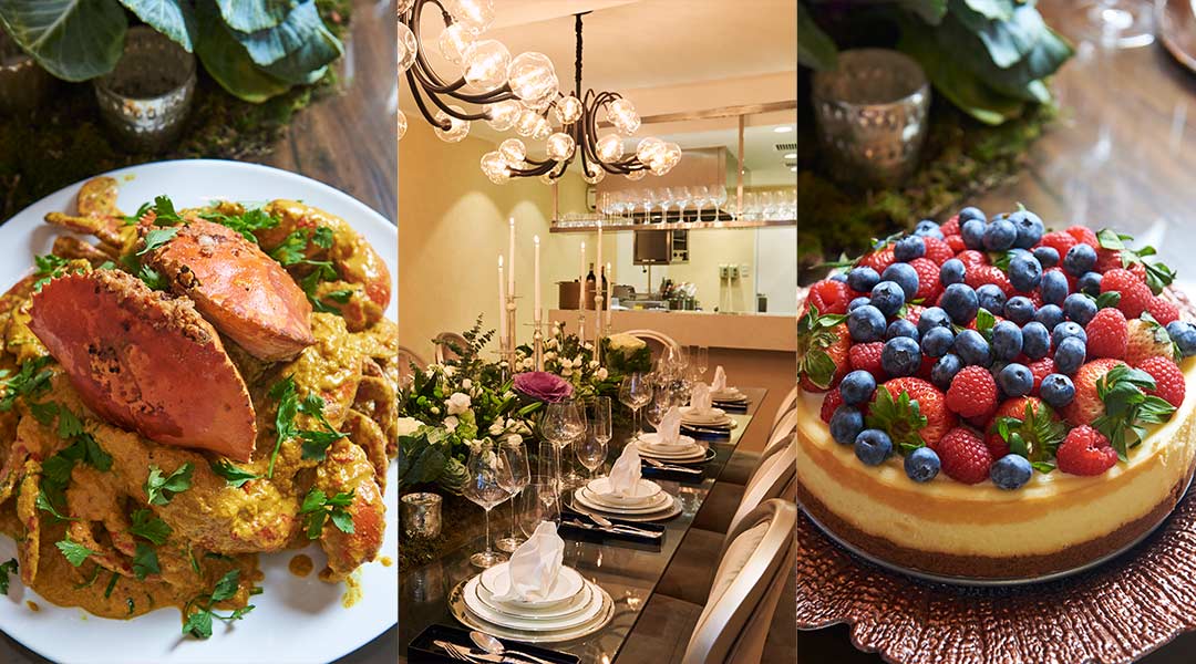 crab dish, dining table, and New York style cheesecake