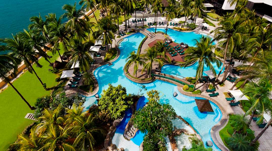 drone view of Sofitel's swimming pool