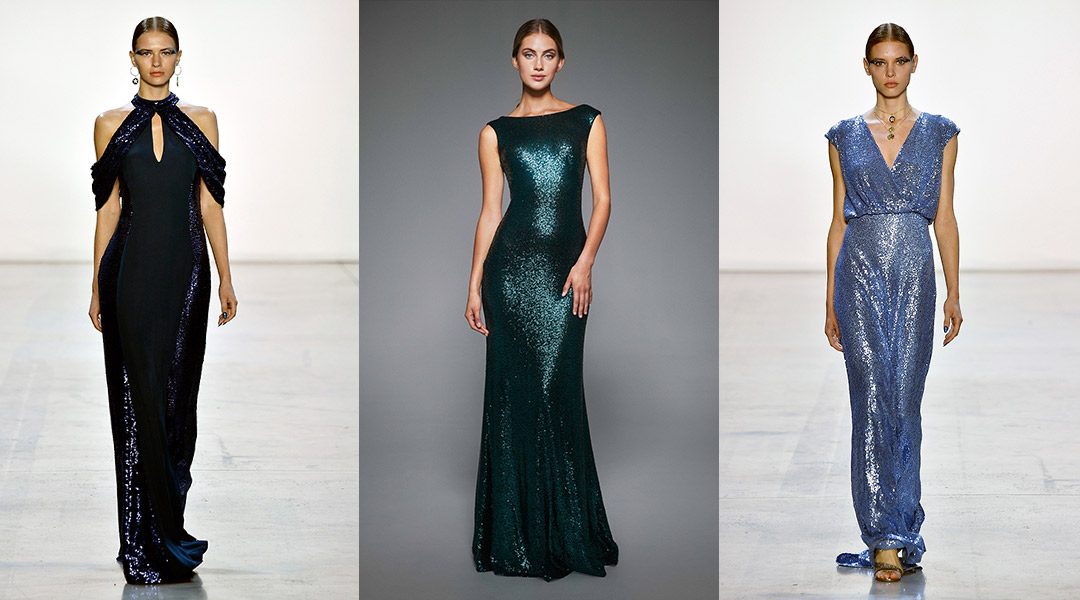 three women in Tadashi Shoji Spring/Summer 2019 navy, green, and blue gowns