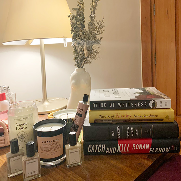 Book stack with Dying of Whiteness, The Art of Rivalry, Say Nothing and Catch and Kill