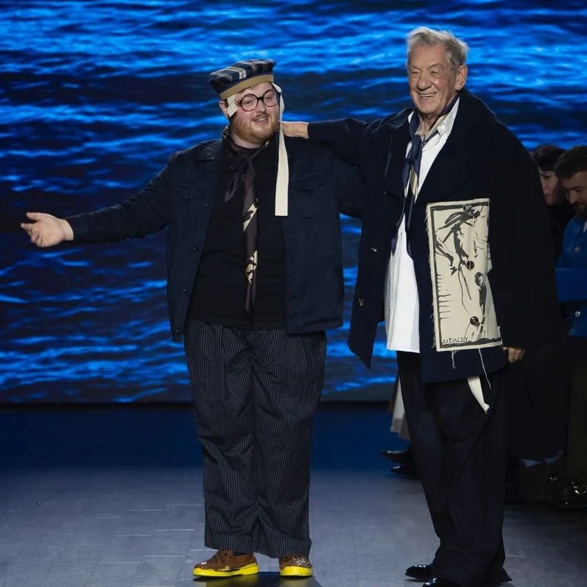 Designer Steven Stokey Daley with Ian McKellen at London Fashion Week
