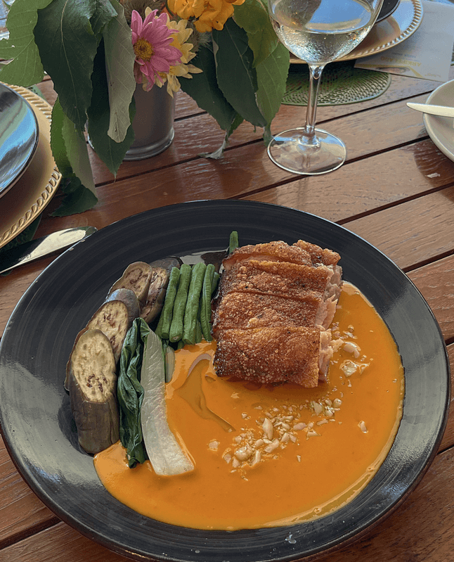 Chef Sau del Rosario Crispy pork belly with macadamia Kare-kare Sauce