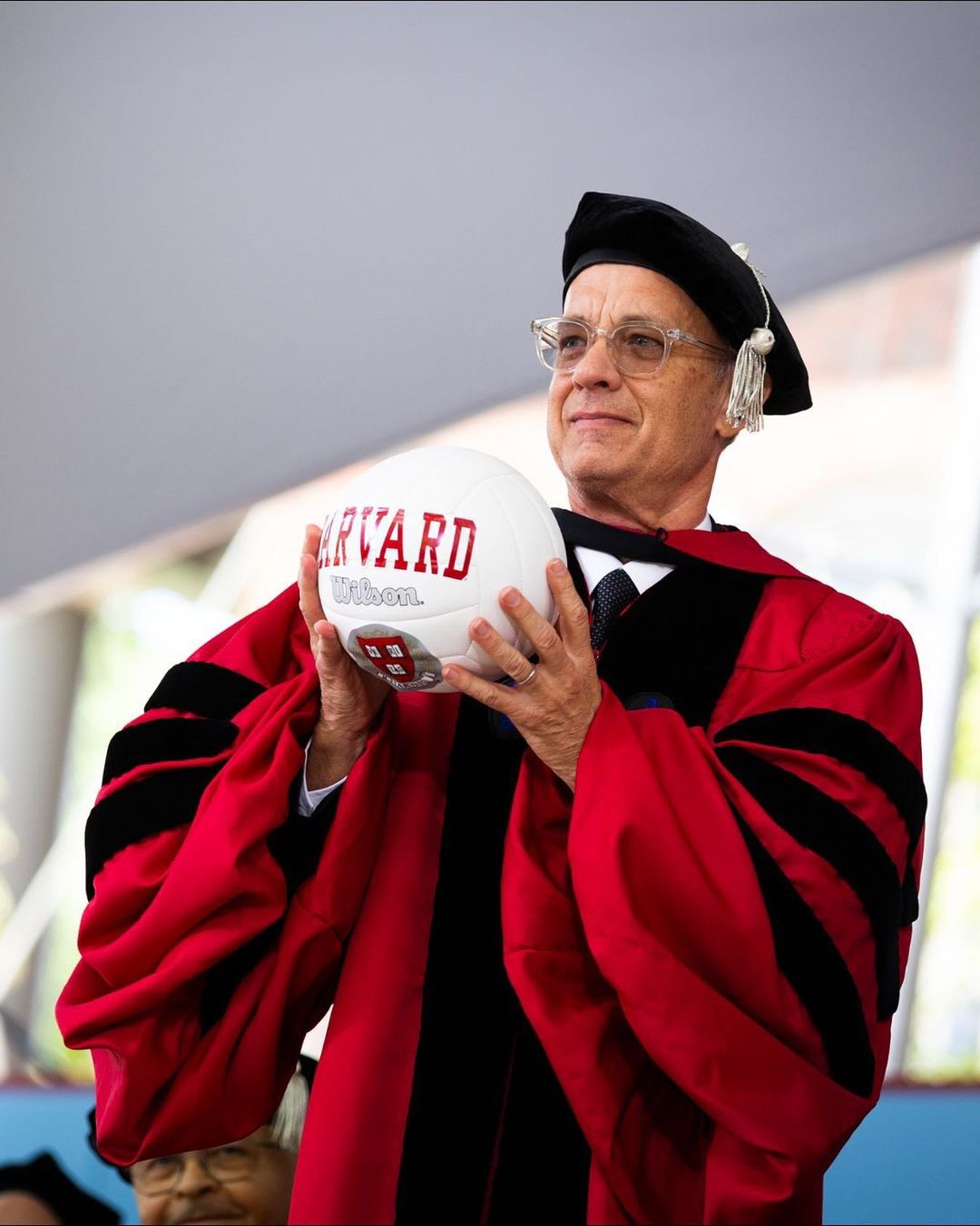 Tom Hanks with the Harvard volleyball
