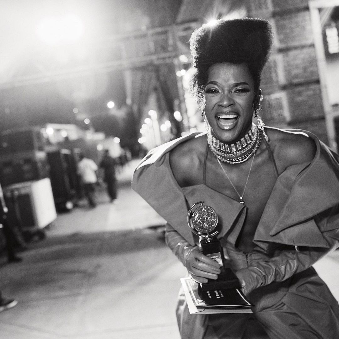 J. Harrison Ghee holding their Tony for their role in "Some Like It Hot"