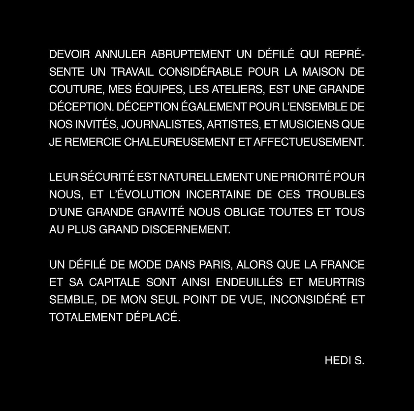 Hedi Slimane's original statement in French