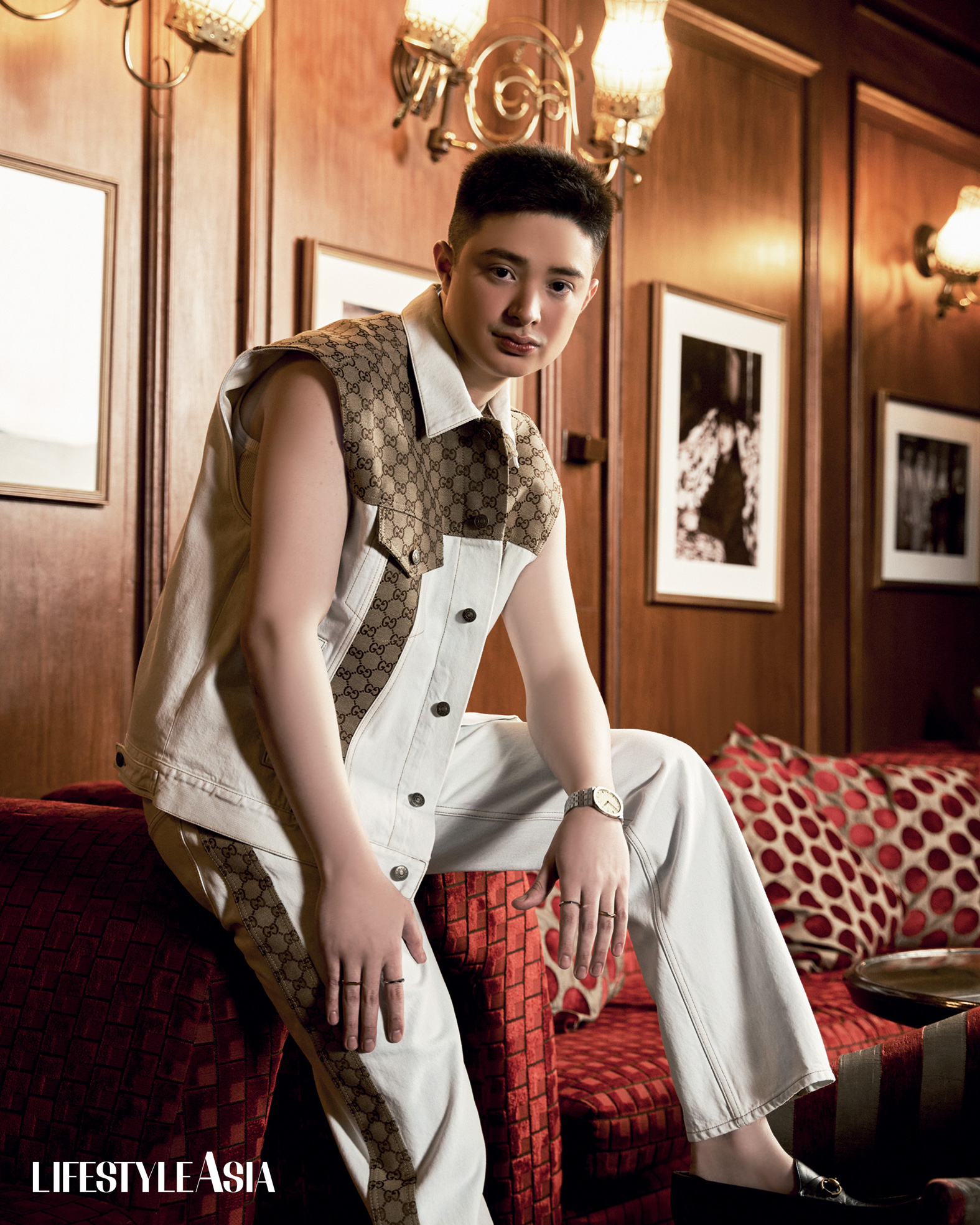 On Santino: Washed Organic Denim Vest And Pant, Men’s 1953 Leather Horsebit Loafer, Gucci 25h Watch In 38mm, and Gucci Link To Love Rings, all from GUCCI.