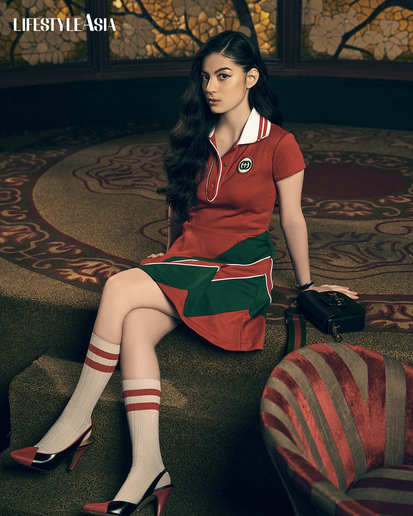 On Kerry: Cotton Piquet Polo Dress, Leather Slingback Pumps, G- timeless Watch With Bees In 32mm, And Gucci Horsebit 1955 Mini In Black, all from GUCCI.