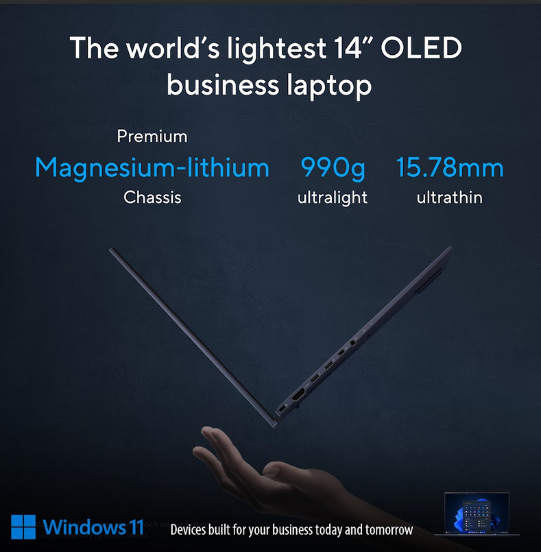 The ExpertBook B9 sports a magnesium-lithium chassis, weighing only 990 grams