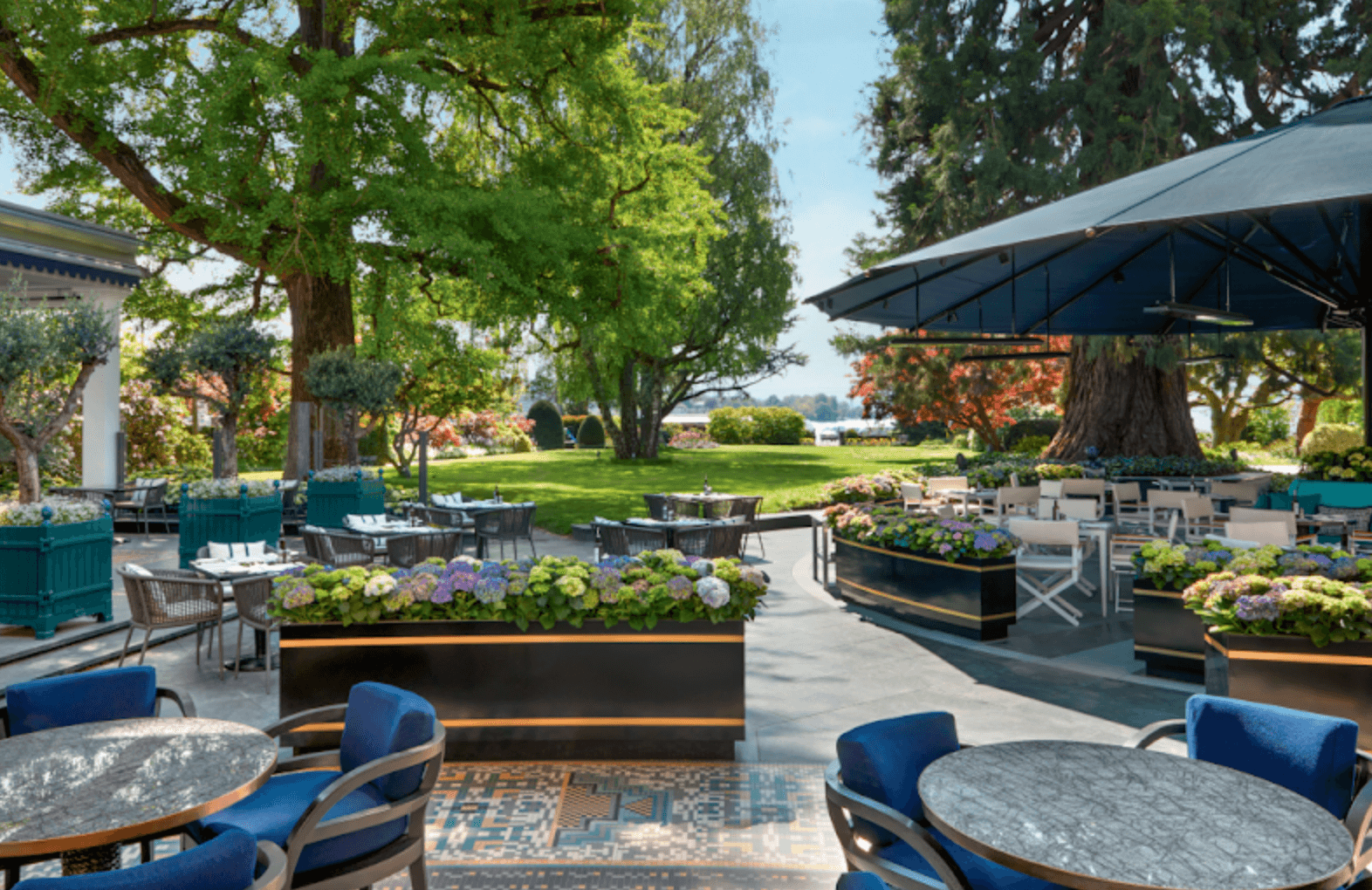 Nestled within the lush surroundings of the hotel, the terrace provides a serene oasis amidst the bustling city.