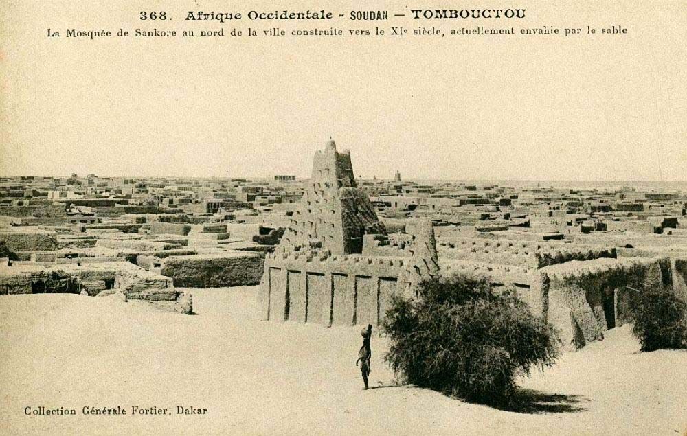 Sankore University, an ancient mosque that served as a center for learning in Timbuktu, depicted in a postcard by Edmond Fortier (1862-1928)