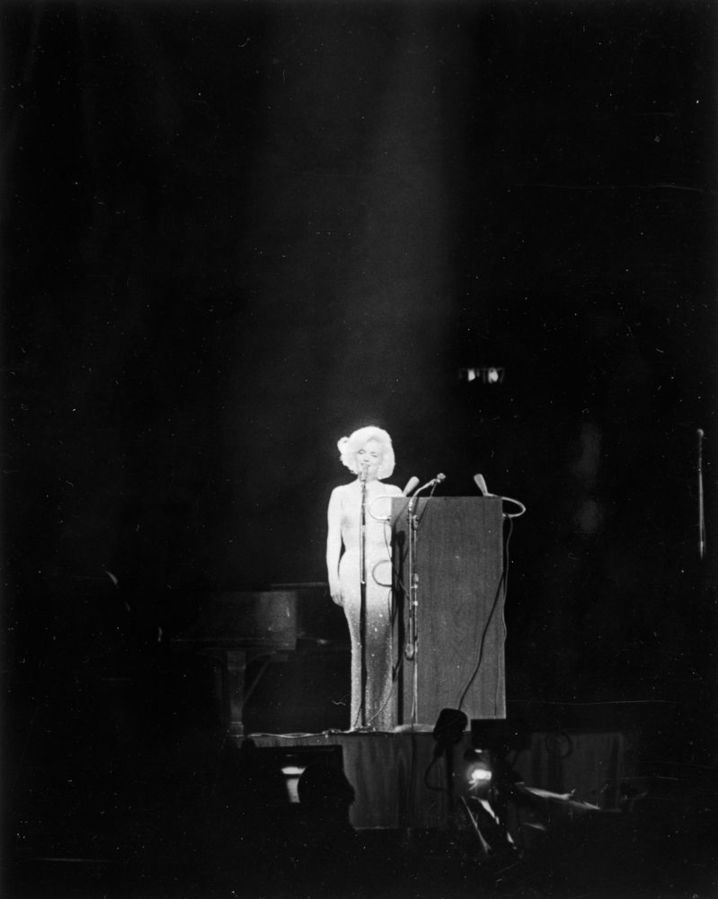 Marilyn Monroe wearing the Jean Louis dress while serenading Kennedy during the event