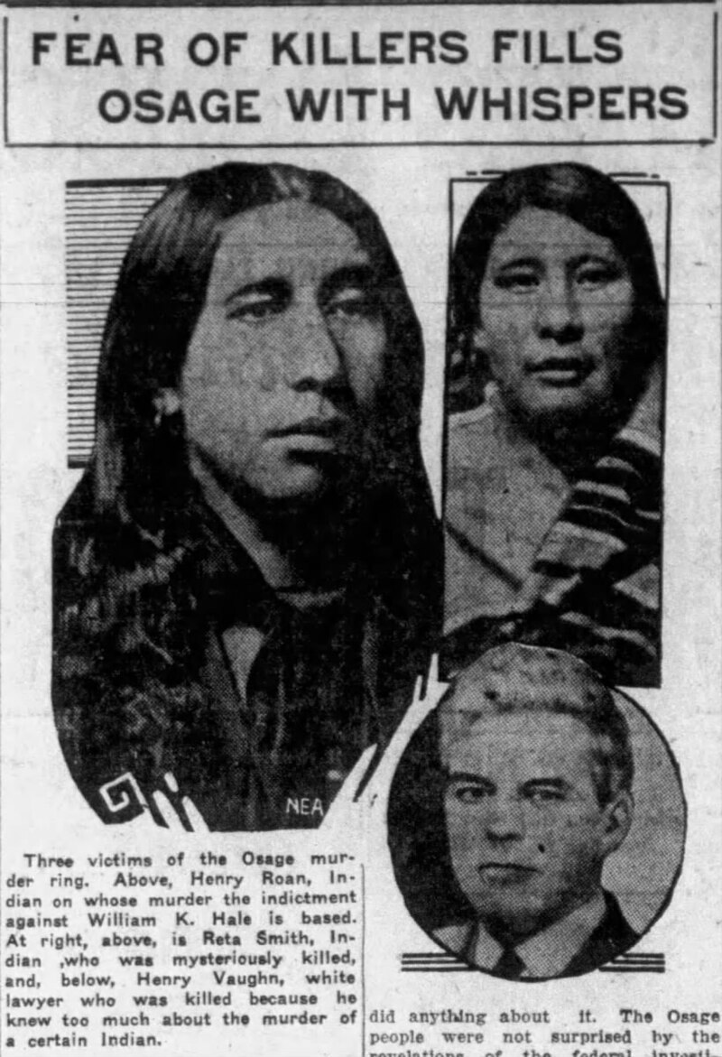 A 1926 newspaper article on Osage murder victims (L-R: Henry Roan, Rita Smith, and W.W. Vaughan)