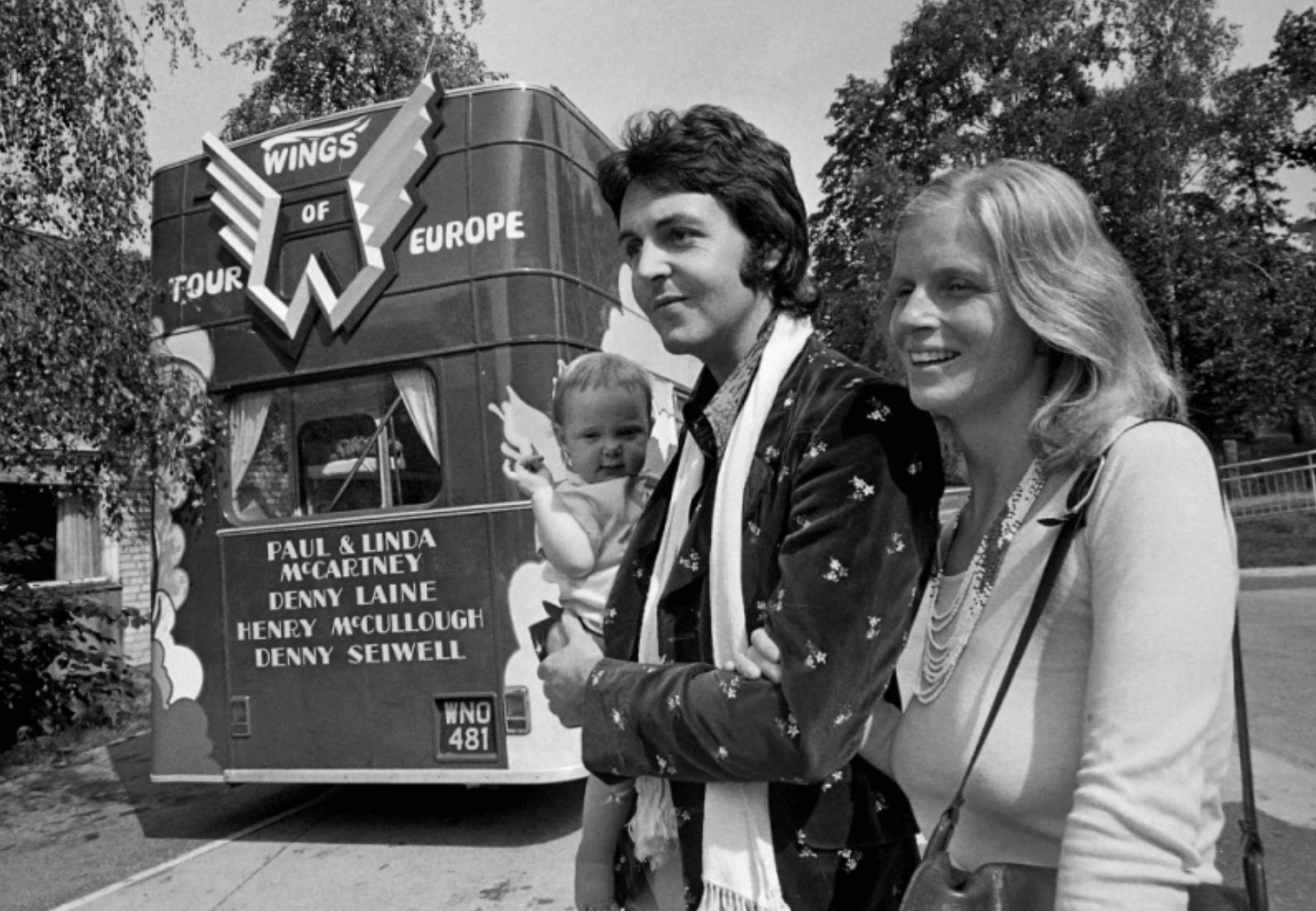 Paul McCartney and former spouse, Linda Eastman, with their Wings Tour Bristol double-decker bus