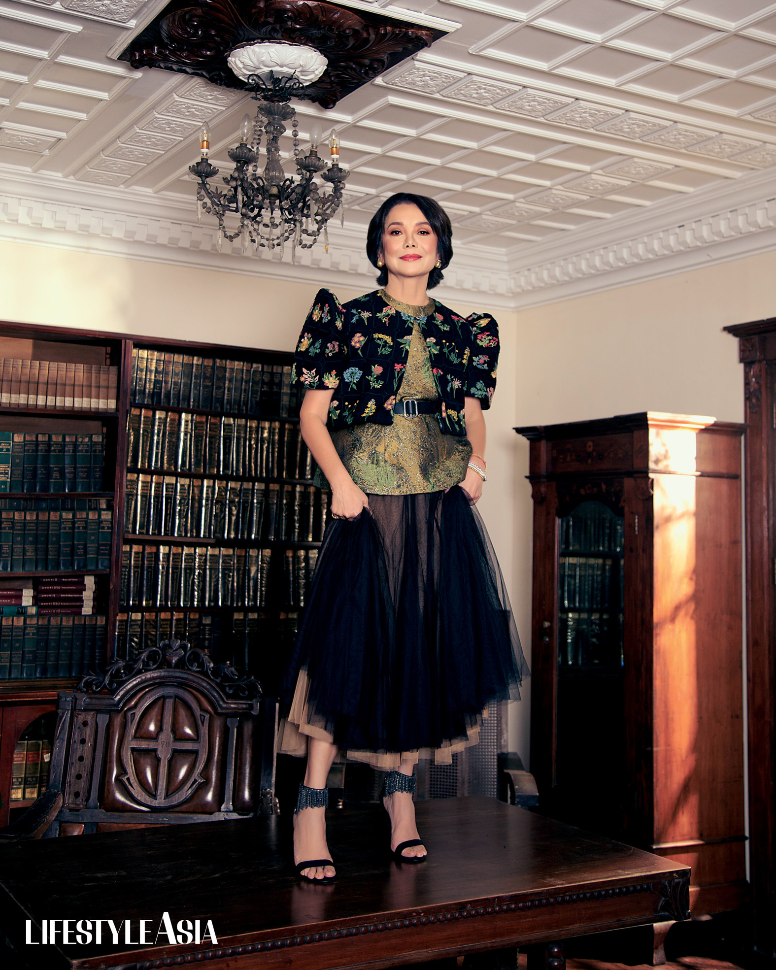 Black floral printed terno, Olive jacquard peplum top and black and nude tulle skirt, RHETT EALA; Golden south sea pearl bird earrings, JMA JEWELRY.