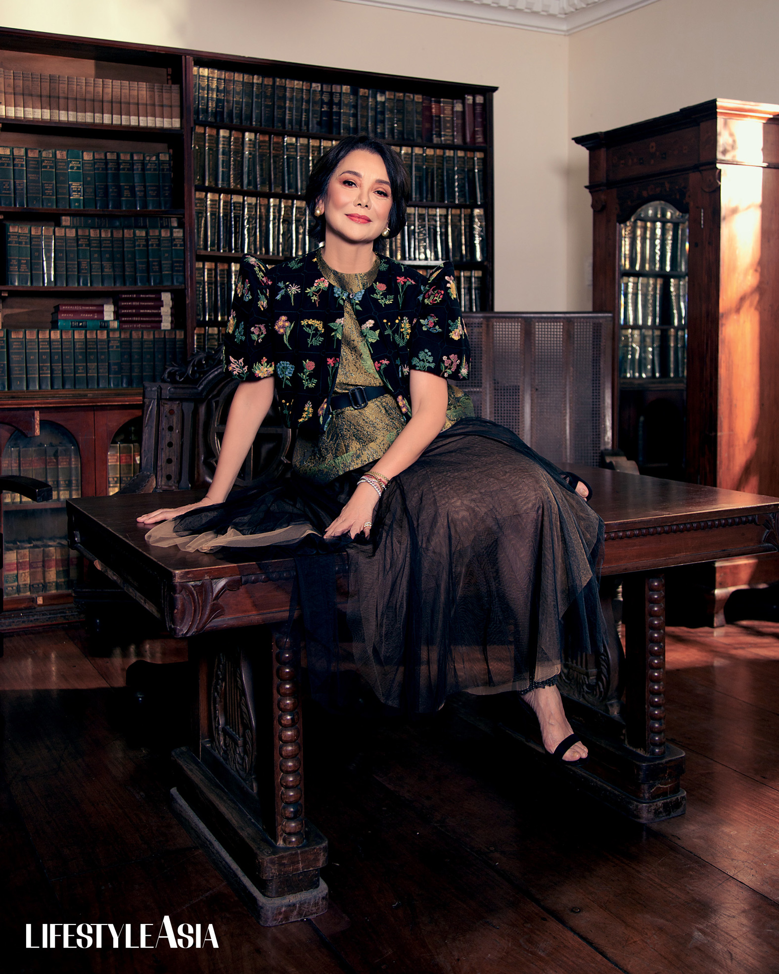 Black floral printed terno, Olive jacquard peplum top and black and nude tulle skirt, RHETT EALA; Golden south sea pearl bird earrings, JMA JEWELRY.