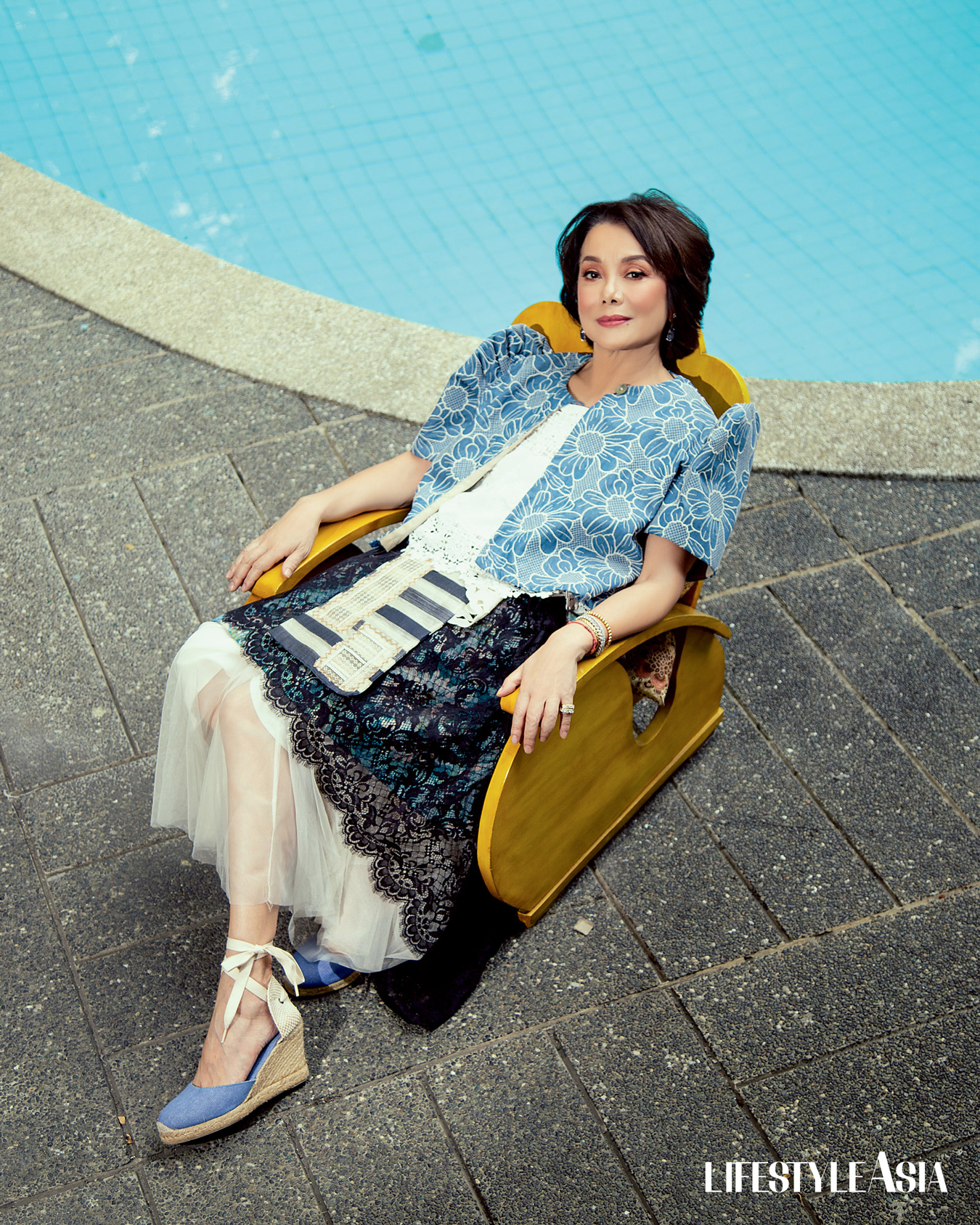 Chambray embroidered terno top and lace camisole, RHETT EALA; Lace and tulle skirt, JOR-EL ESPINA; Multicolored gemstone drop earrings, JMA JEWELRY.