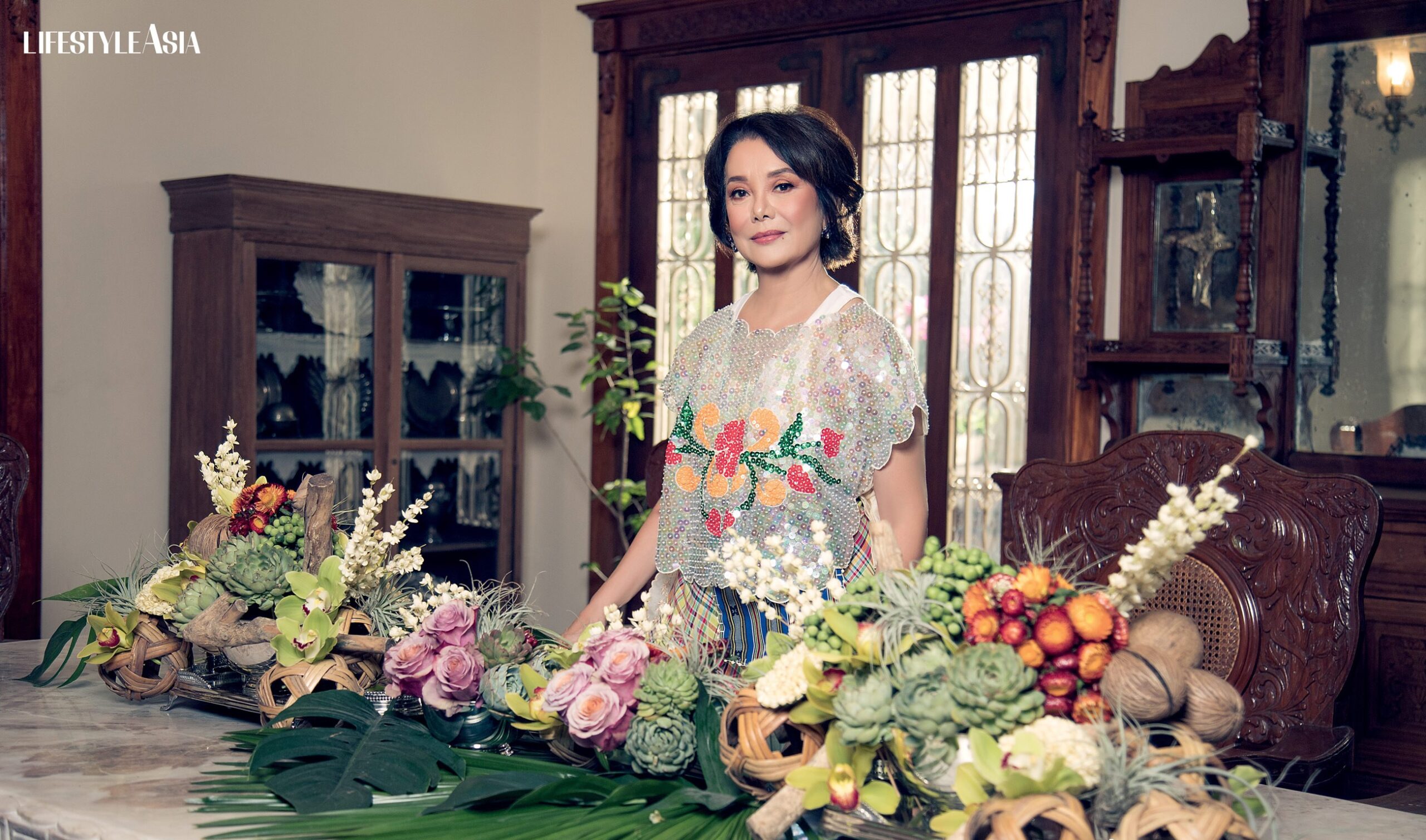 Fully sequined kimona top and technicolored skirt, JOR-EL ESPINA; Floral Amethyst earrings, JMA JEWELRY.