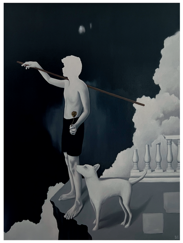 "Charged to Wander" (oil on canvas, 48 x 36 inches)