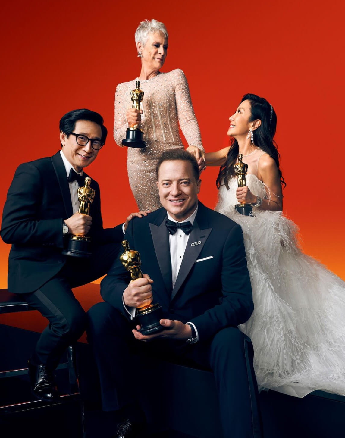 Key Huy Quan, Jamie Lee Curtis, Michelle Yeoh, and Brendan Fraser.