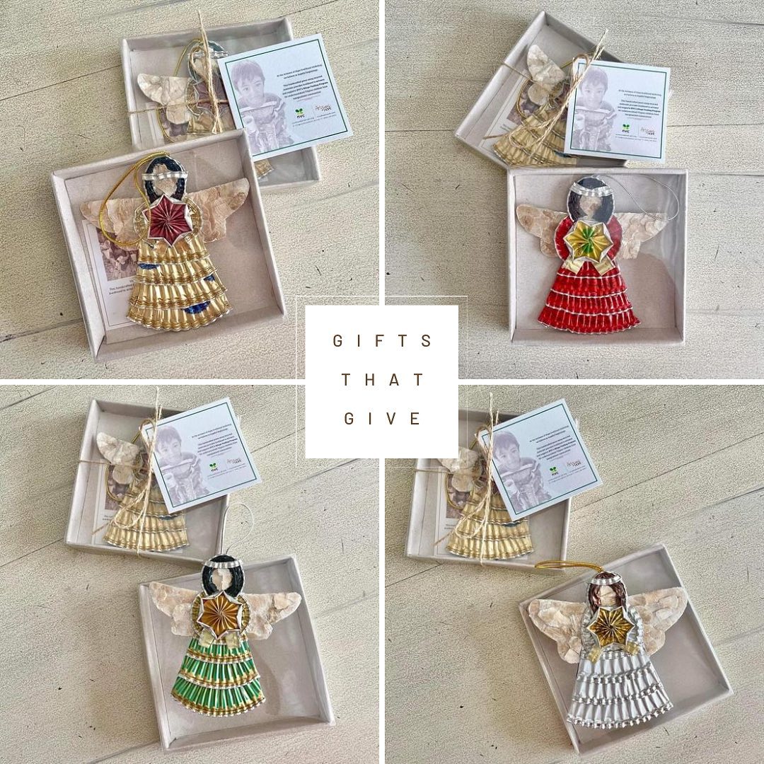 Upcycled tree ornaments made by NVC's talented artisans