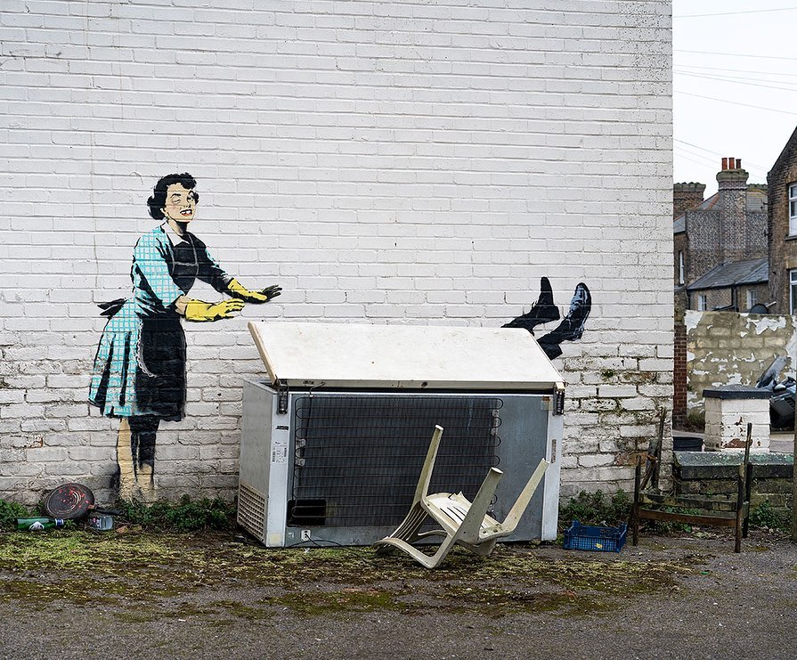 A Banksy wall mural that the artist captioned with “Valentine’s Day Mascara,” which many have said carries a message on domestic abuse