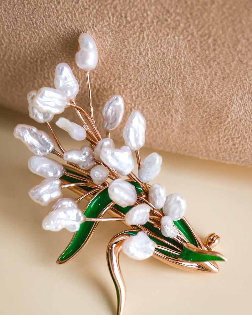 The Rice Plant Brooch with green enamel leaves and baroque pearls