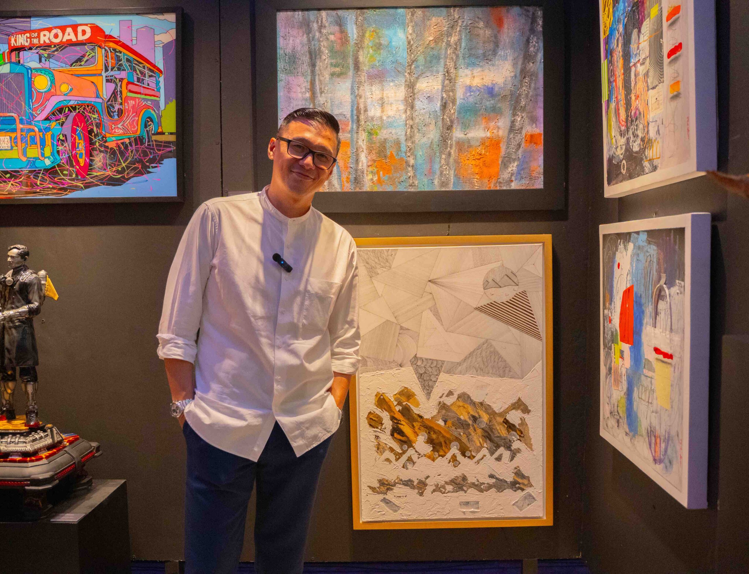 Aaron Virata Mempin with featured work (right bottom), “Brightness Within” 2023, 36 inches x 24 inches, mixed media on canvas