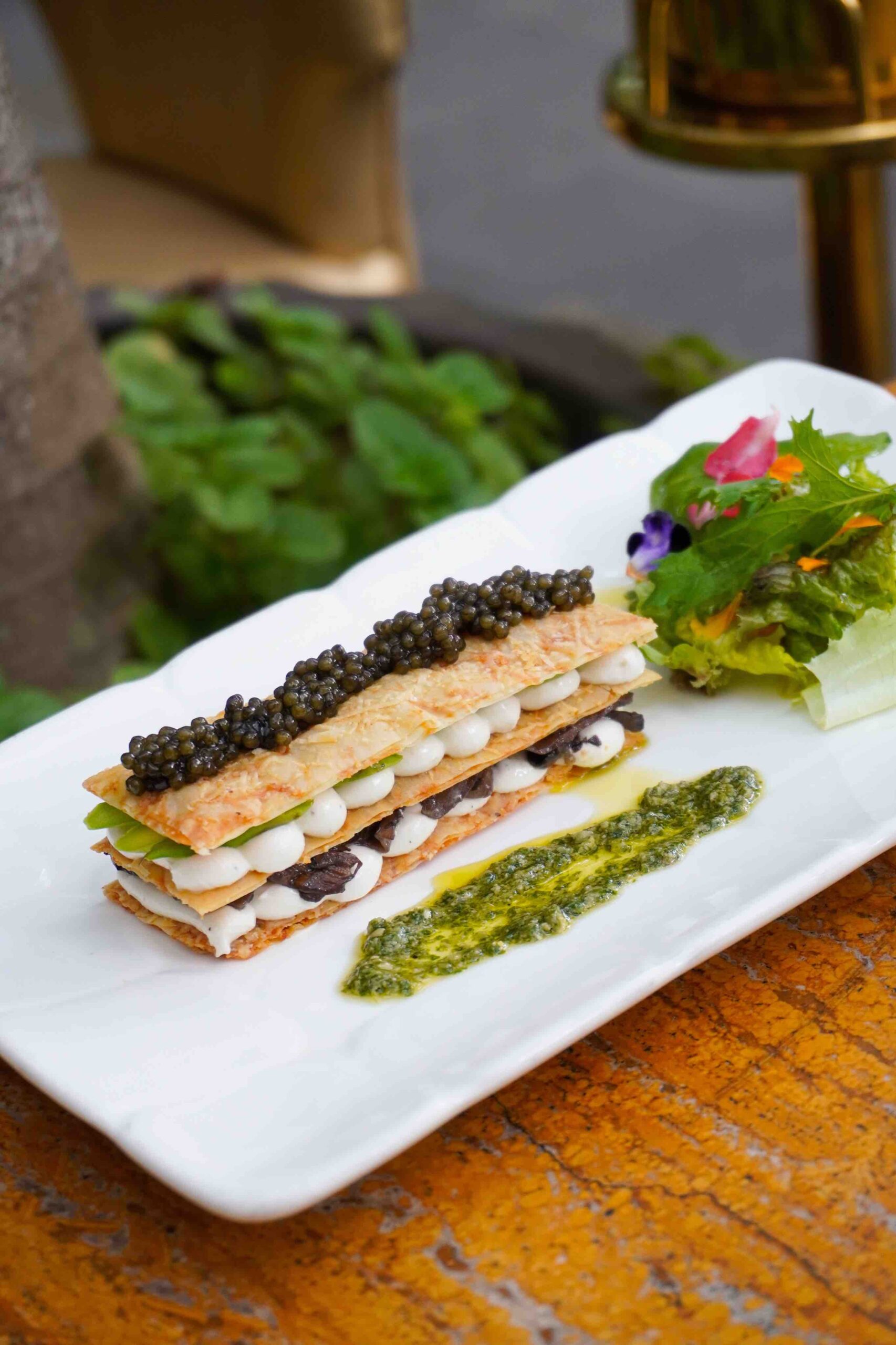 Portobello Mushroom, Asparagus, and Goat Cheese Mille-Feuille  with Nomad Caviar