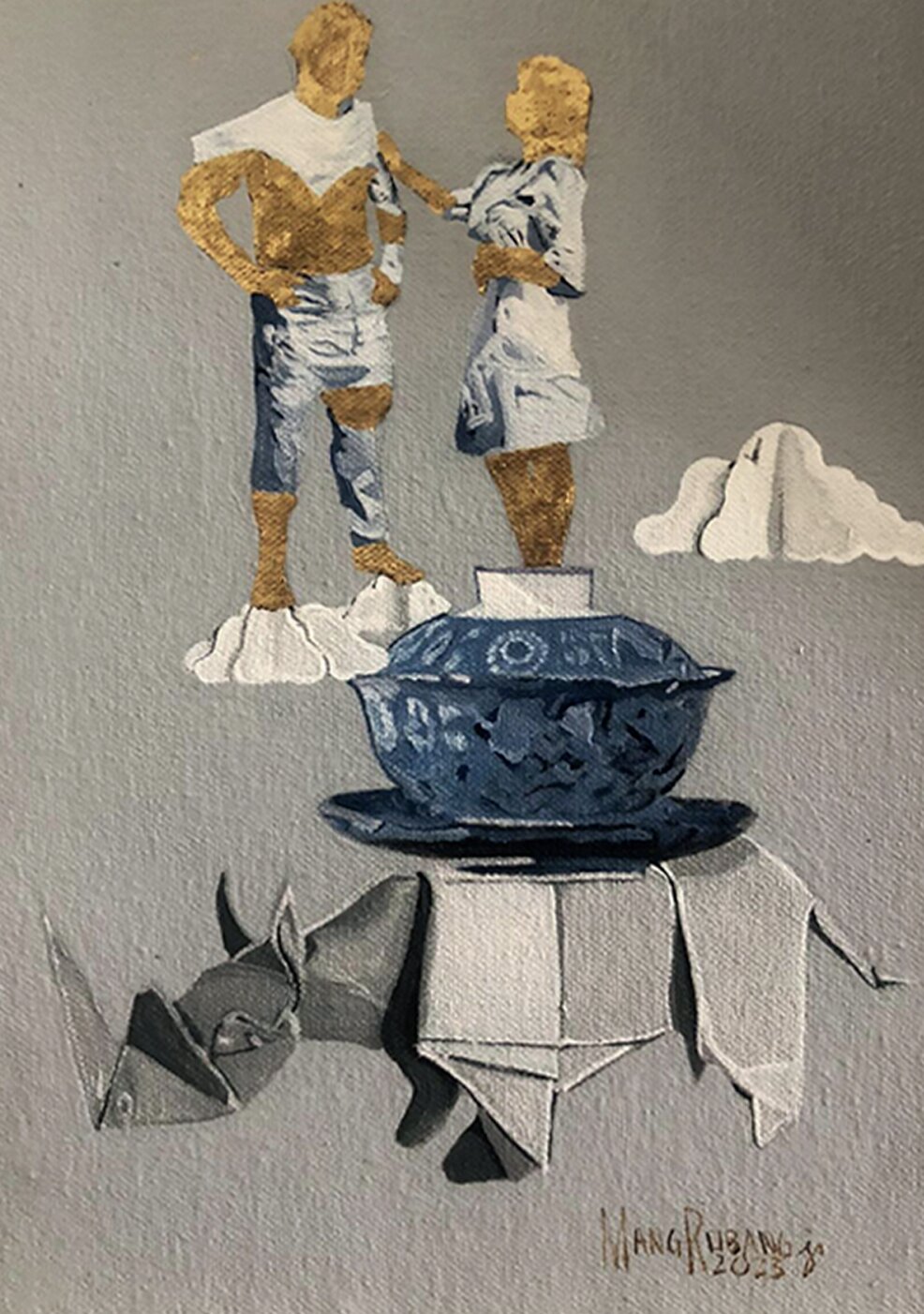 Josue Mangrobang’s "Love Above the Clouds" (acrylic and gold leaf on canvas, 9 x 6.5 inches)