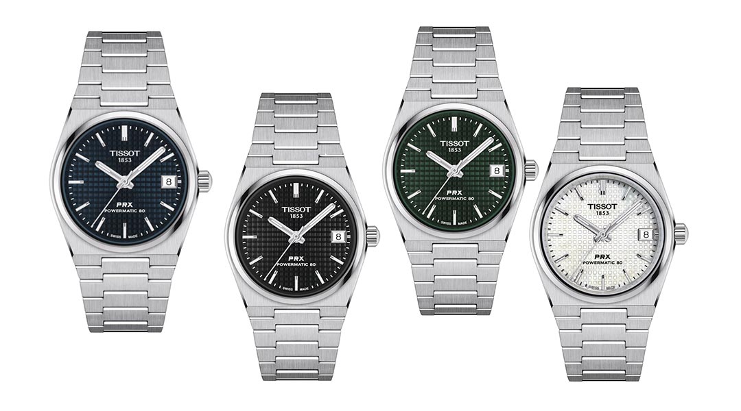 The PRX Automatic line comes with distinctive waffle dials in a variety of colors, from blue to mother-of-pearl white