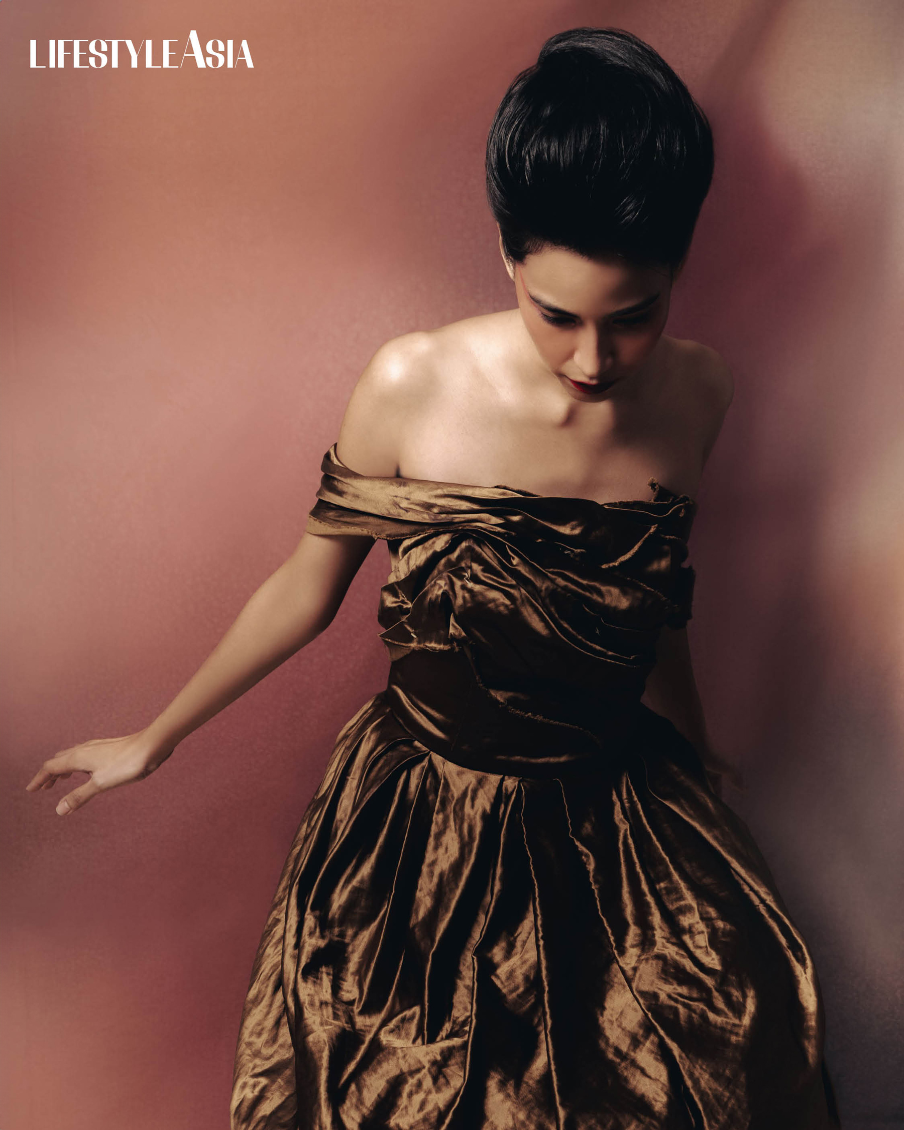 Asymmetric gown with draped bodice