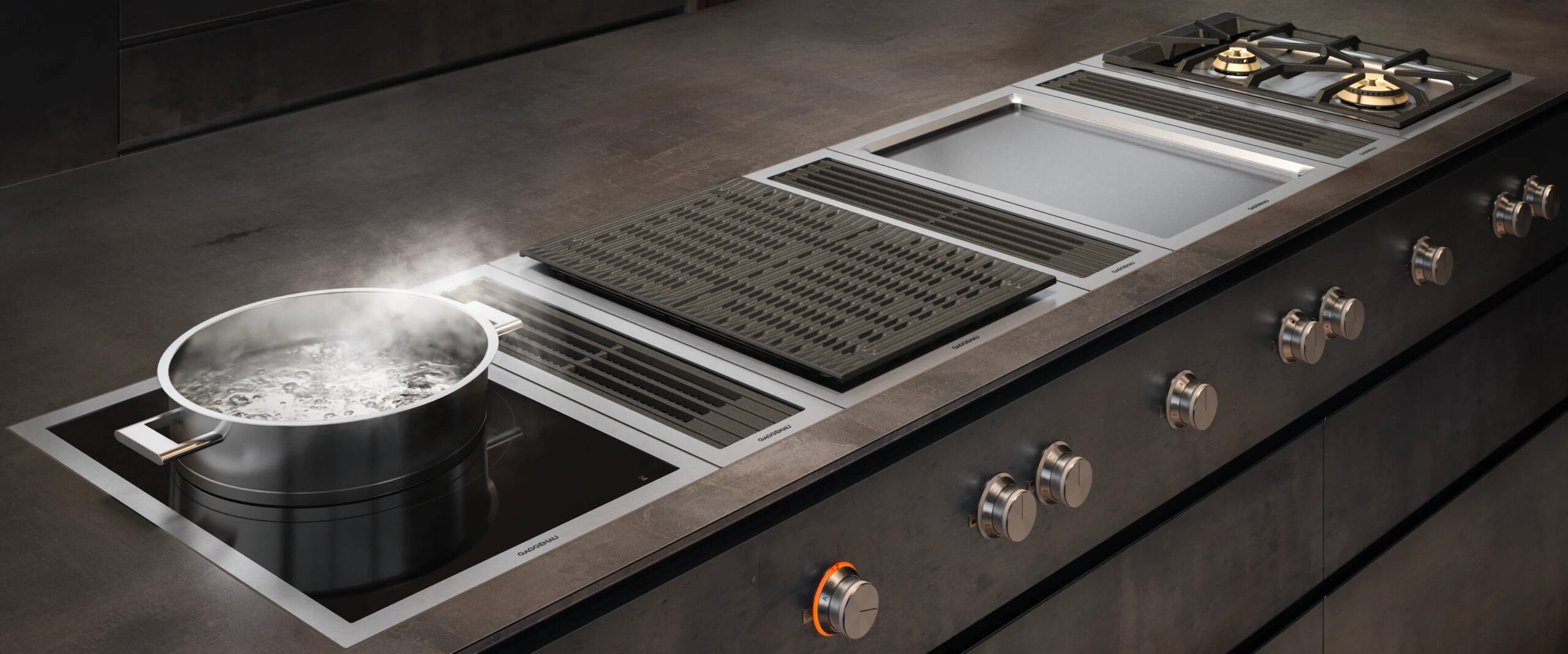 Couples can create a bespoke kitchen workstation with Gaggenau’s sophisticated and powerful Vario Cooktops 400 Series