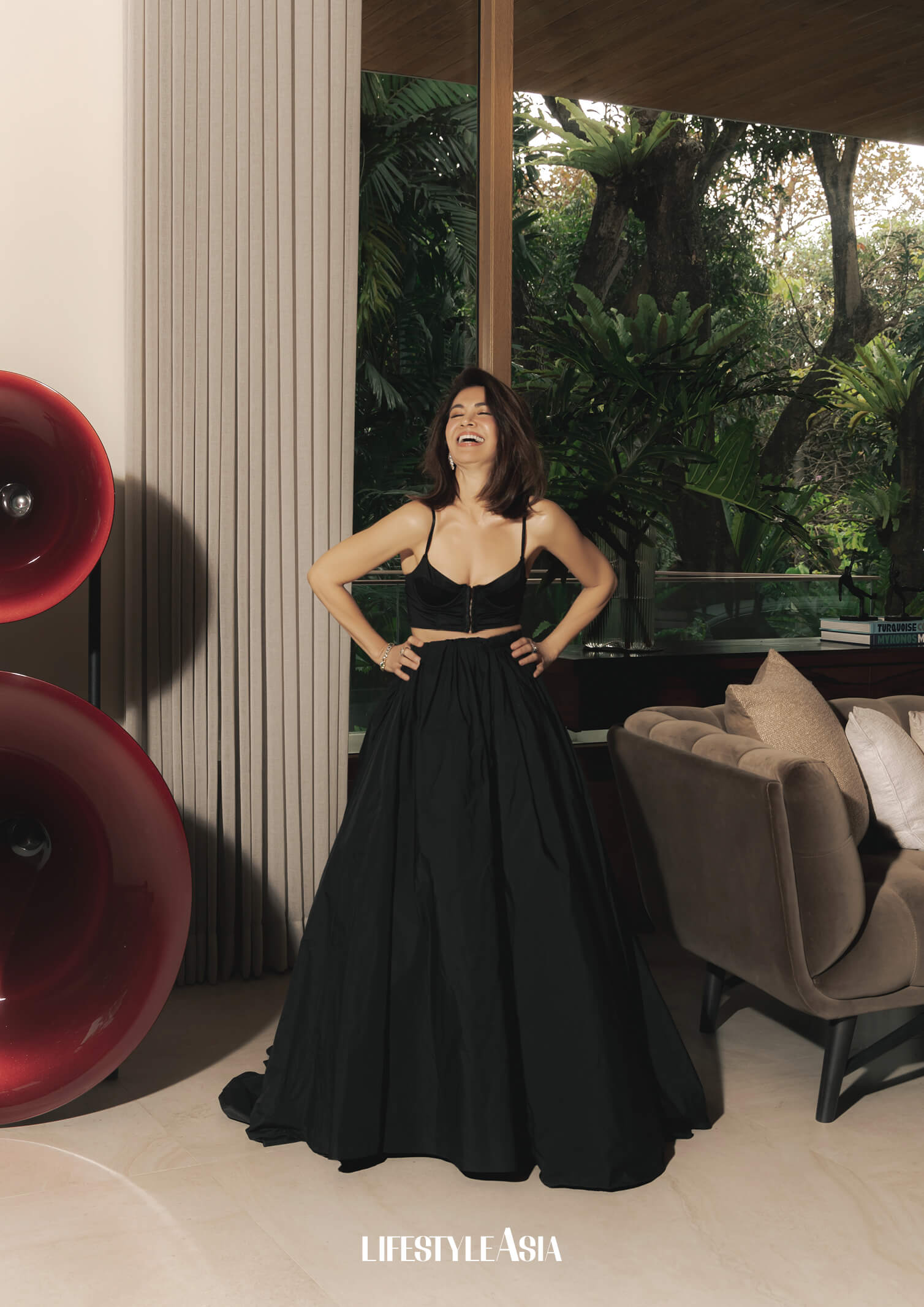 Black taffeta gown, ANTHONY RAMIREZ; Jewelry, Ginny for JUL B DIZON.