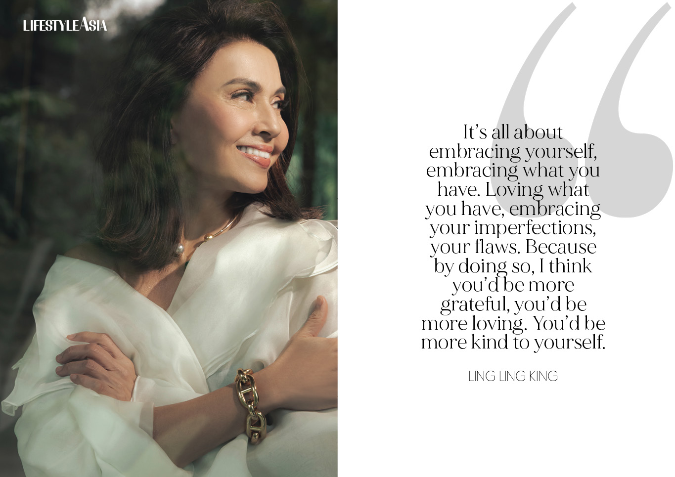 Layered Jusi trench coat, NERIC BELTRAN; Chunky gold bracelet, Ginny for JUL B DIZON.